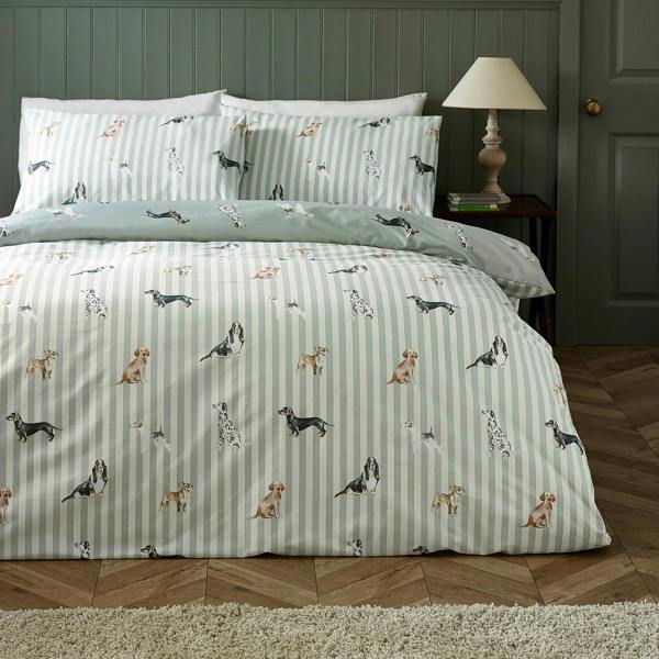 Catherine Lansfield Dog Stripe Reversible Duvet Cover Set Green