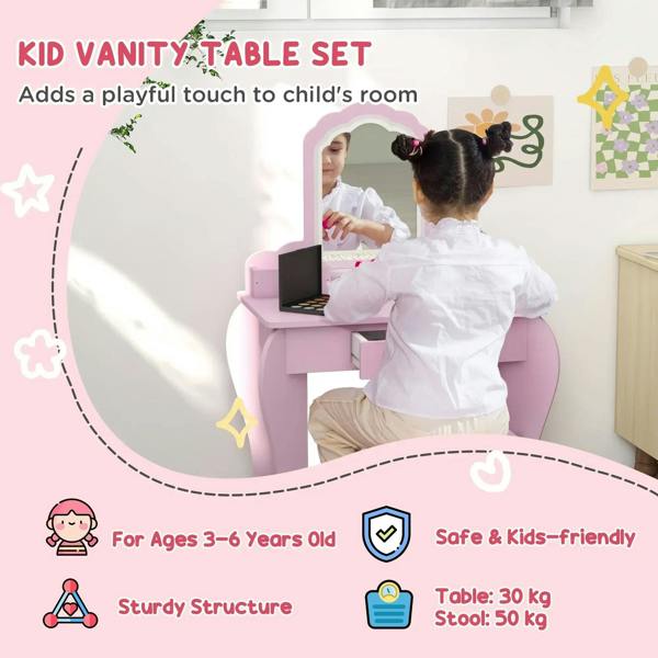 Pink kids vanity table set with mirror and stool, kid-friendly playroom design