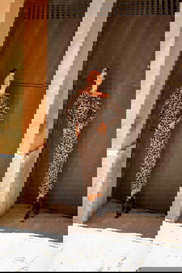 Gini London Grey Animal Jersey Animal One Shoulder Midi Dress