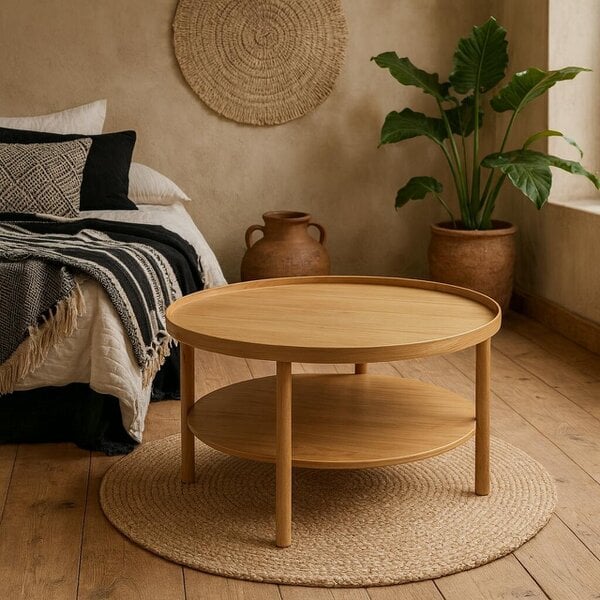 Wyld Haus Bermudas Natural Oak Wood Round Coffee Table Bottom Shelf