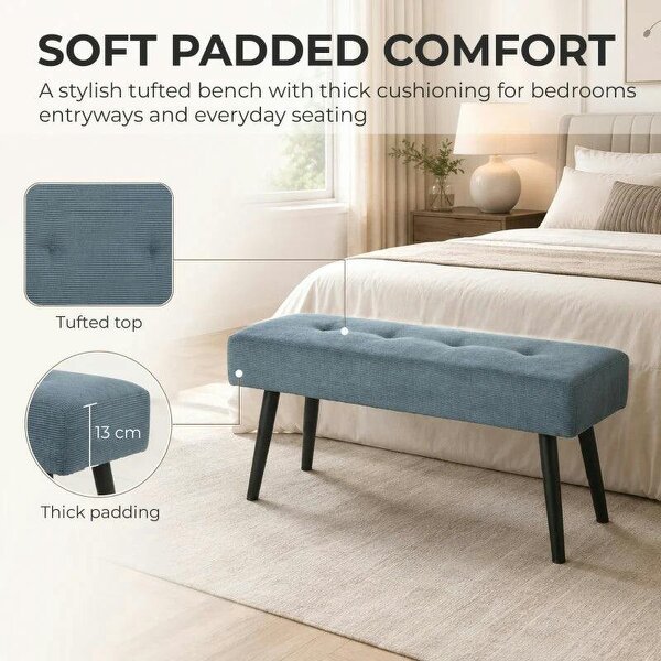 Upholstered Bedroom Entryway Bench, Modern Corduroy Tufted End of Bed Bench with Padded Seat and Steel Legs, Blue