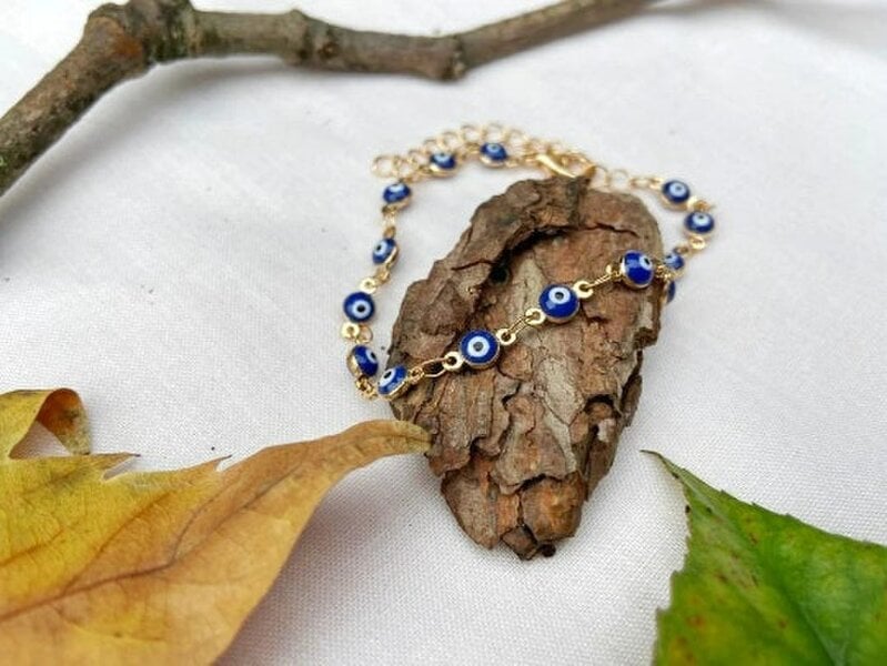 The Colourful Aura Golden Blue Evil Eye Minimalist Adjustable Protection Beaded Turkish Anklet