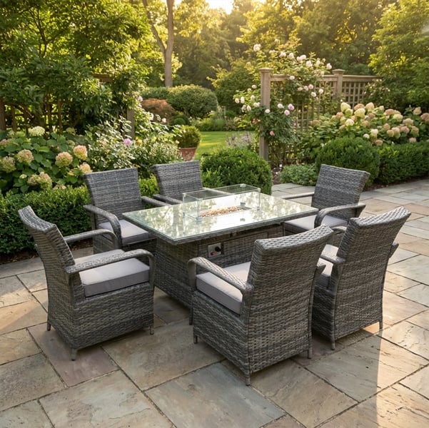 Fimous 6 Seater Rattan Garden Furniture Set with Gas Fire Pit Dining Table and 6 Chairs - Dark Grey