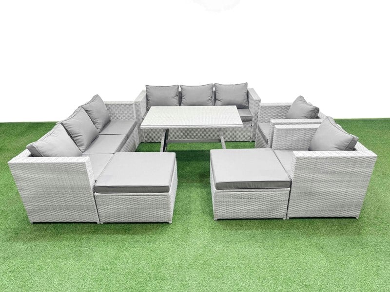 Fimous 10 Seater Garden Furniture Set PE Rattan Garden Sofa Set with Rectangular Dining Table 2 Big Stool Light Grey