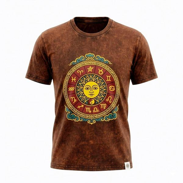 Brown stonewashed cotton T-shirt with circular sun zodiac graphic on front