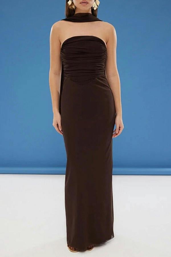 WOVCOR Tulle Knit Maxi Evening Dress with Shawl Detail