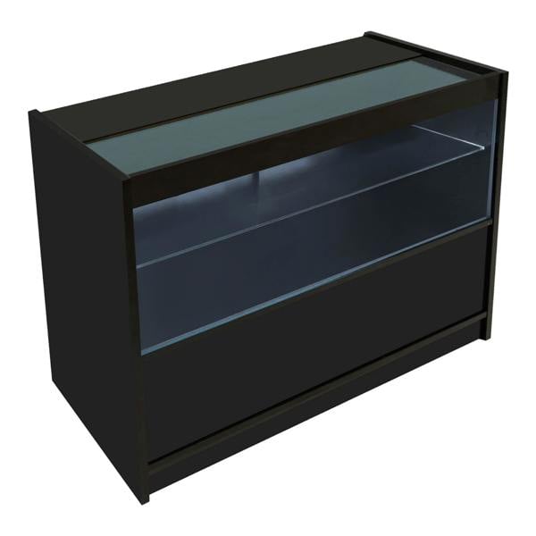 Black Phoenix LED shop counter set featuring a sleek design, glass display top, and spacious storage below for retail use