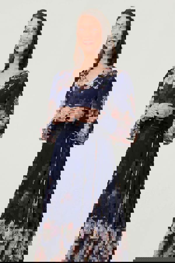 Navy | Floral Long Balloon Sleeve Midi Dress