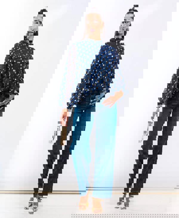 Needs No Label Navy Foil Ruffle Blouse