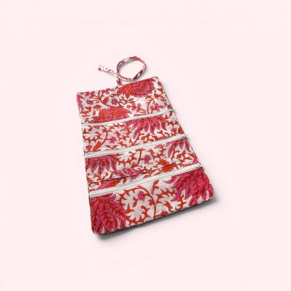 Hayley & Co Cotton Jewellery Roll - Coral Pink and White Floral