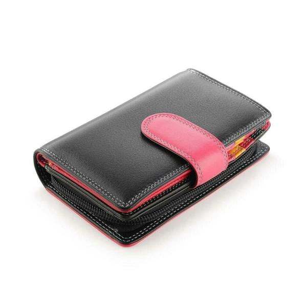Top view of Black wallet with an pink strap against a white background