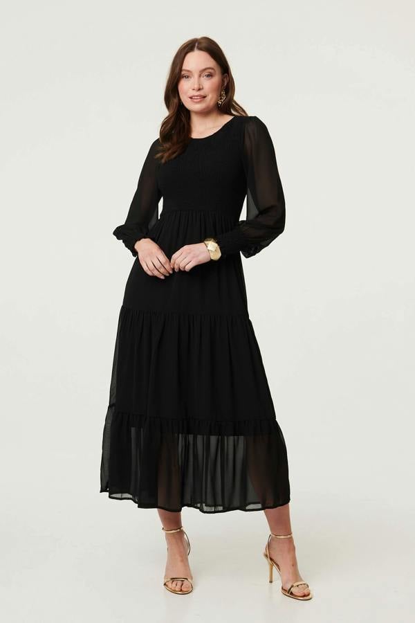 Black | Semi Sheer Layered Tiered Maxi Dress : Model is 5'9"/175 cm and wears UK8/EU36/US4/AUS8