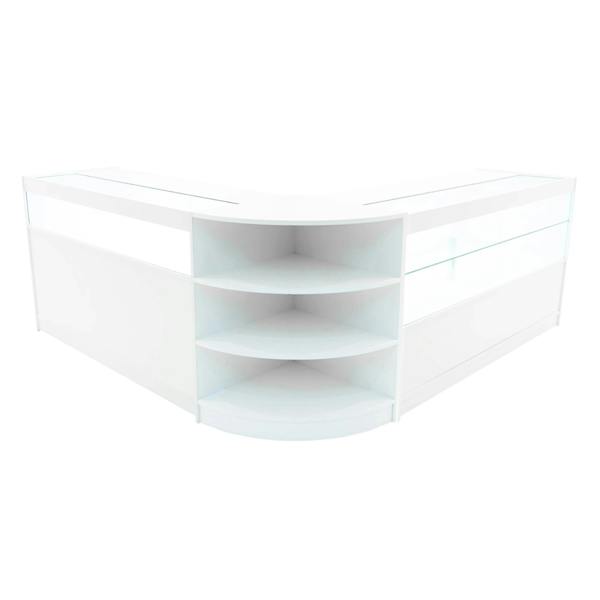 Harmonia LED Shop Counter Set in white, featuring a sleek corner design with glass display shelves and a smooth finish