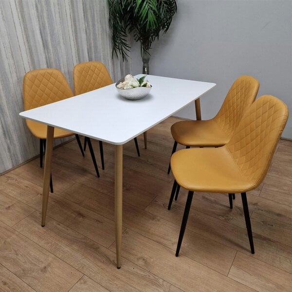 Kosy Koala Wooden Dining Table with 4 Mustard Gem Patterned Chairs White Table with Mustard Chairs