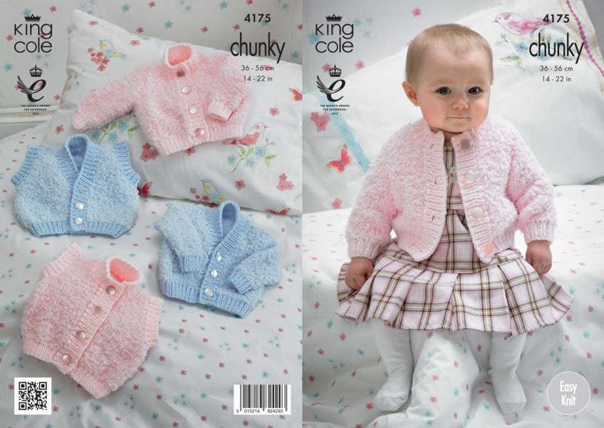 King Cole Cuddles Knitting Pattern 4175, Waistcoats, Cardigans for Baby, 14 - 22 Inches - Easy