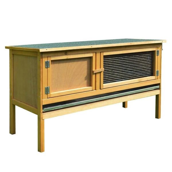 Small animal outdoor wooden hutch with front wire doors and raised legs