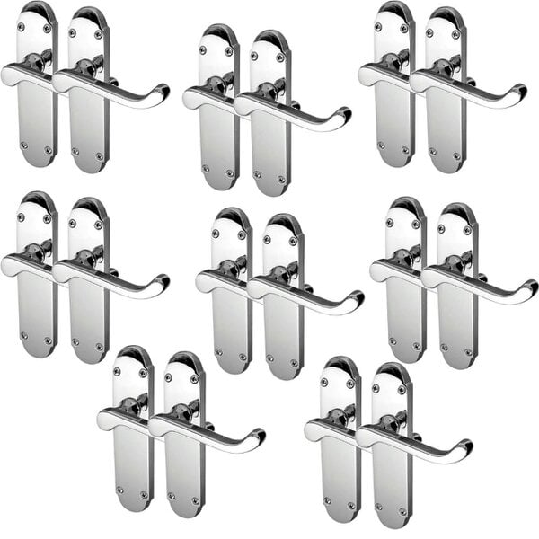 EDH Door Hardware 8 Pair Pack Polished Chrome Victorian Scroll Door Handles on Shaped Backplate – Lever Latch – 169mm x 40mm