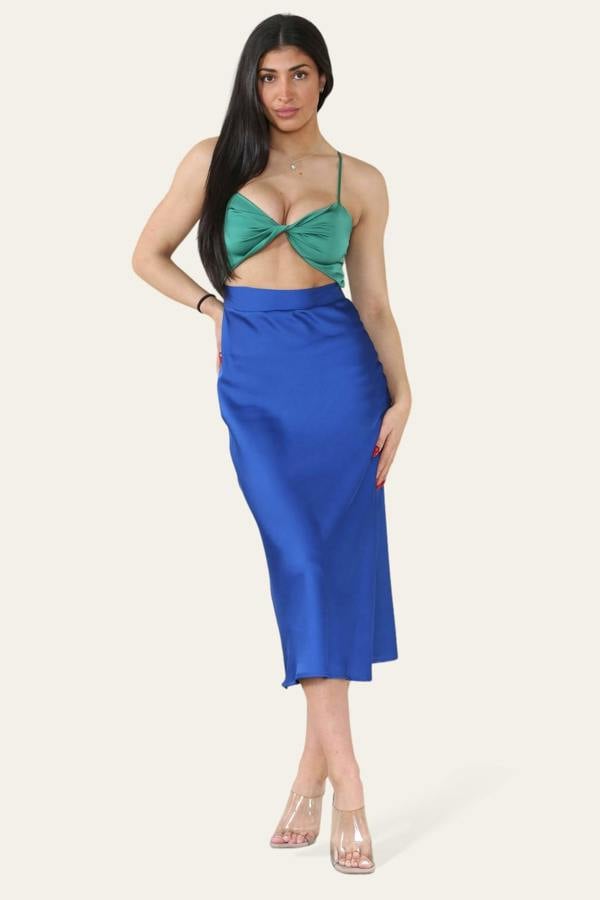 Women's Satin Sleeveless Midi Dress with Mermaid Wrap Style and Contrasting Green & Blue- Elegant Strappy Cocktail Summer Outfit - Elaina Fashion
