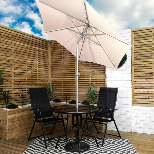 Samuel Alexander Outdoor 2 Person Round Glass Top Garden Patio Dining Table Chairs Cream Parasol and Base Set