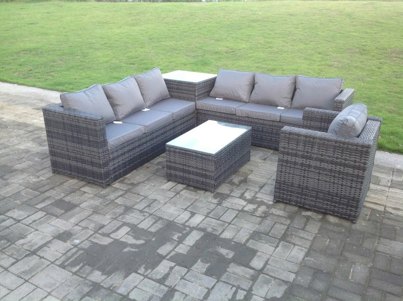 Fimous Grey Rattan Sofa Outdoor Garden Furniture Rectangular Coffee Table Set Patio With Cushions With Chair