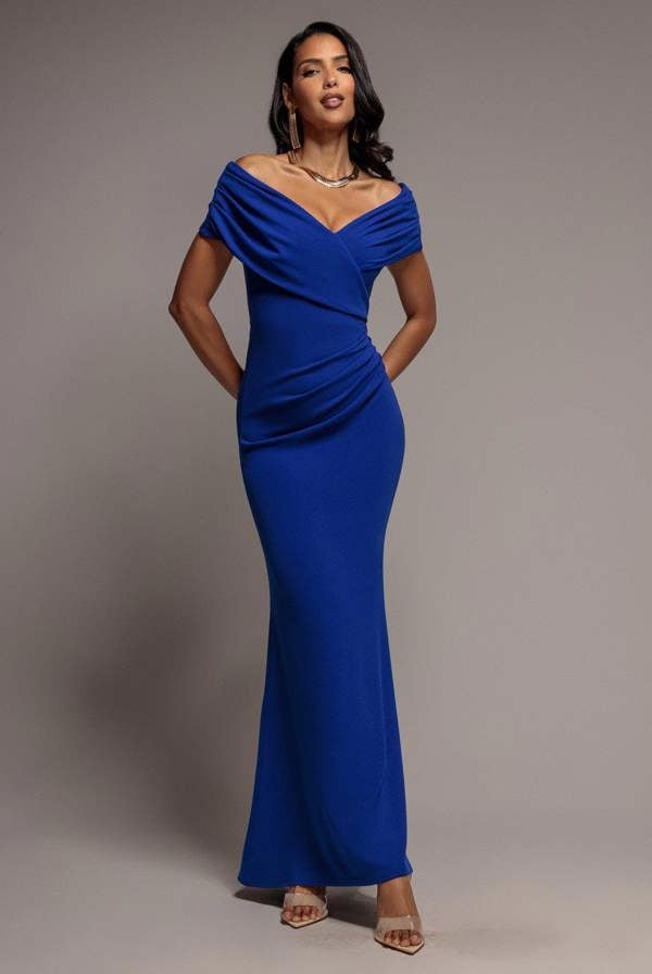 Pleated Bardot Wrap Mermaid Maxi Dress - Royal Blue DR5289