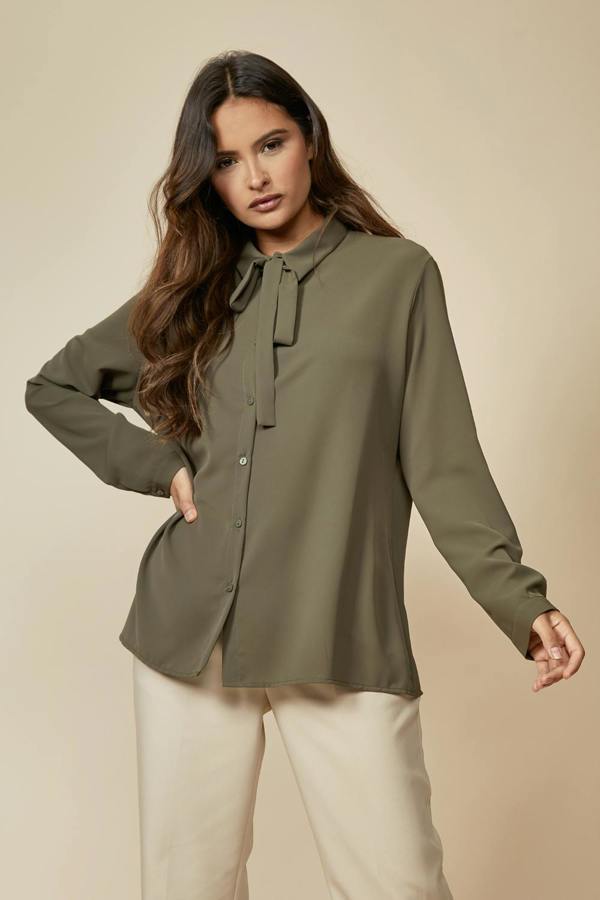 Hoxton Gal Tie Neck Oversized Top in Khaki
