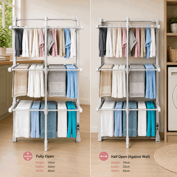 GlamHaus Heated Clothes Airer Dryer Rack Aluminium with Cover Electric 220W - Indoor - Folds Flat for Easy Storage
