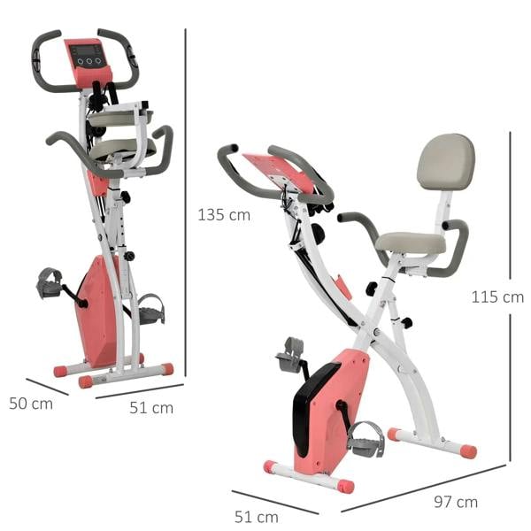 Folding exercise bike with padded seat and pink resistance unit, shown with height width dimensions