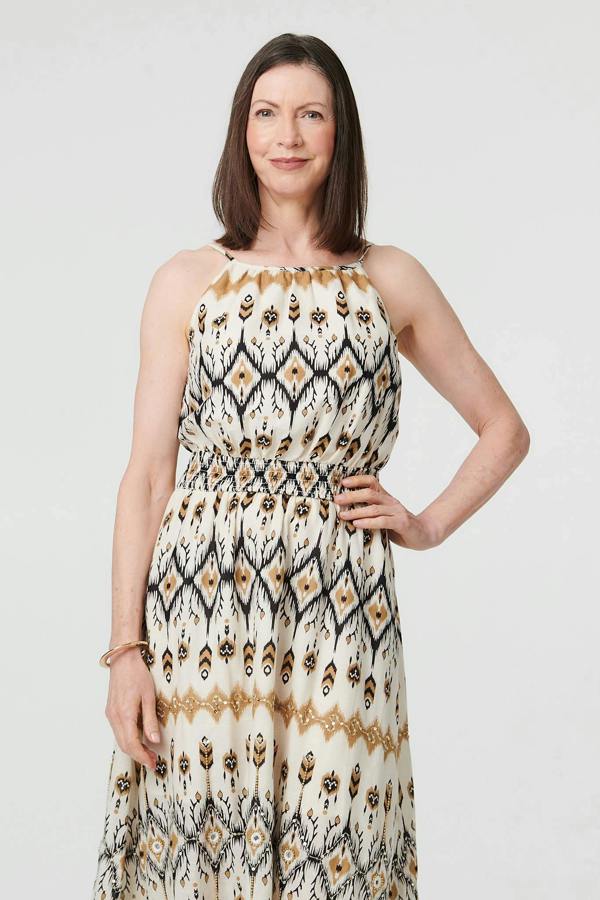 White | Printed Sleeveless Ruched Maxi Dress
