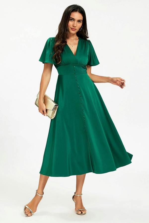 FS Collection Satin V neckline Button Detail Dress In Green