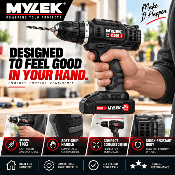 Mylek 18V Cordless Li-ion Drill And 13 Piece Accessory Set