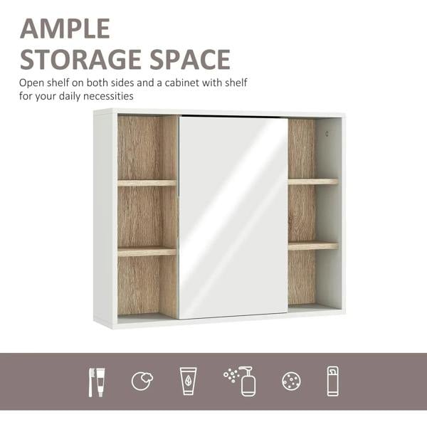 White bathroom mirror cabinet with open shelves on both sides and one central mirror panel