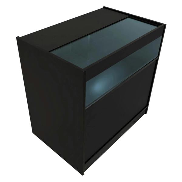 Black Adonis LED shop counter set featuring sleek design, glass top, and illuminated display area for showcasing products