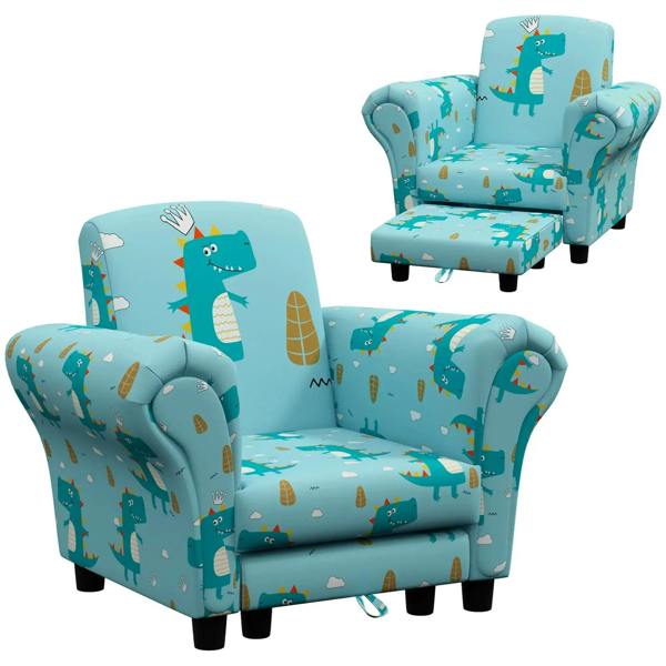 Kids sofa set with blue dinosaur print fabric, two-piece upholstered chairs with wooden legs