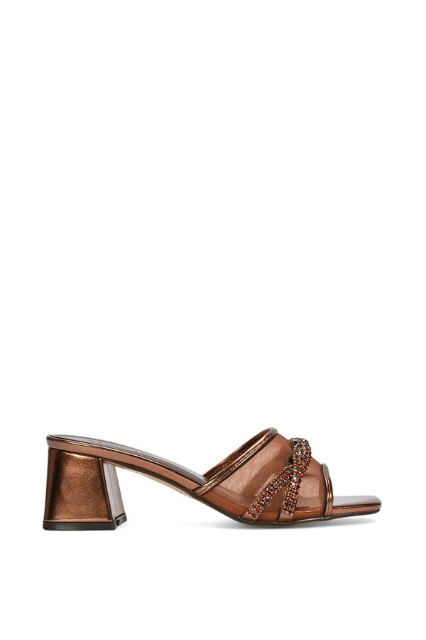 XY LONDON Backless Block Heel Sandals With Crystals and Mesh - Brown