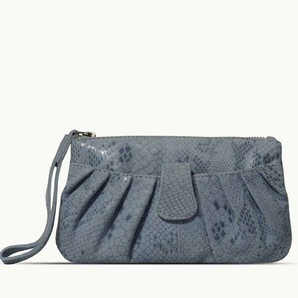 Assots London 'DARCY' Pastel Blue Pleated Snake Print Real Leather Wristlet Pouch