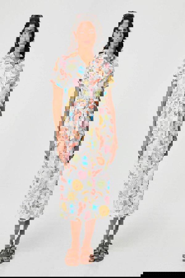 White | Abstract Tie Waist Midi Shirt Dress
