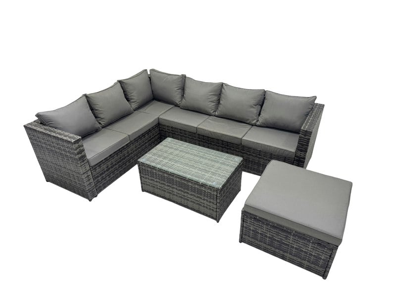 Fimous Outdoor Rattan Rectangular Coffee Table Corner Sofa Setss Garden Furniture Set with Big Stool Dark Grey Mixed