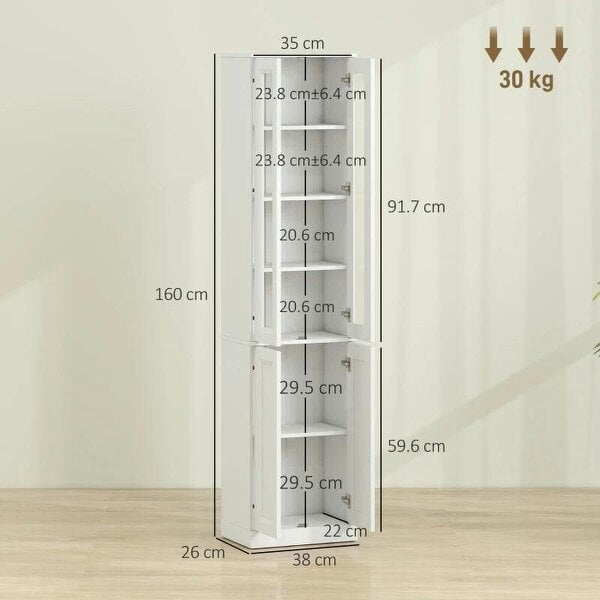 Tall Bathroom Storage Cabinet, 6-Tier Slim Bathroom Cabinet with Adjustable Shelf, 4 Soft-Close Doors, White