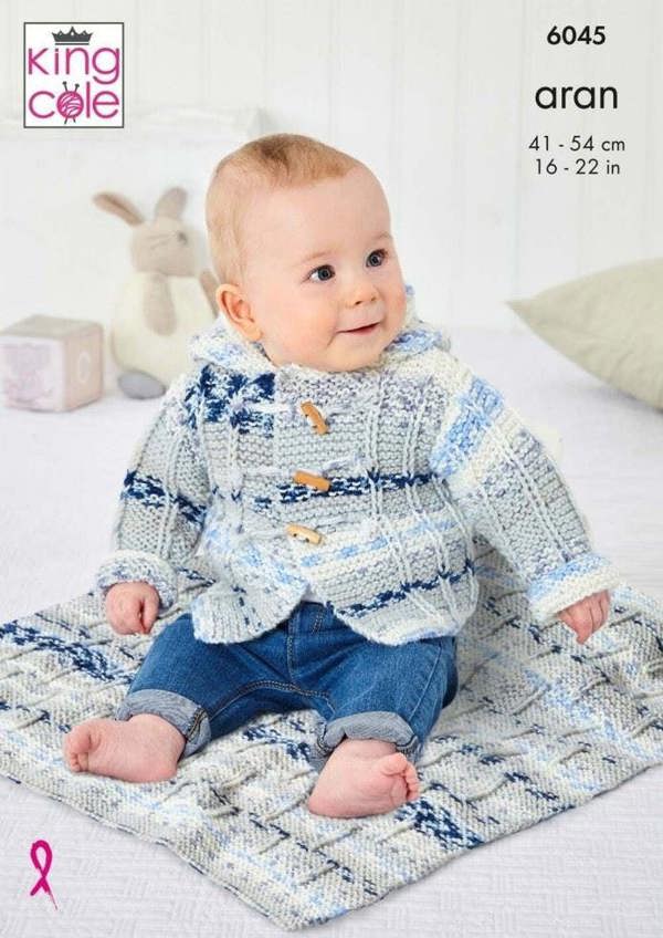 King Cole Cosy Love Aran Knitting Pattern 6045, Jackets, Tops, Headwear, Socks, Blankets for Baby, 16 - 22 Inches