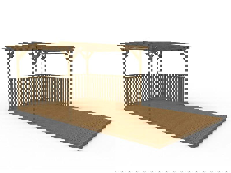 Rectangular pergola and decking kit with balustrade, made from pressure treated timber and high quality pergola posts, featuring a raised wooden deck, vertical slatted balustrade, and an open pergola roof frame.