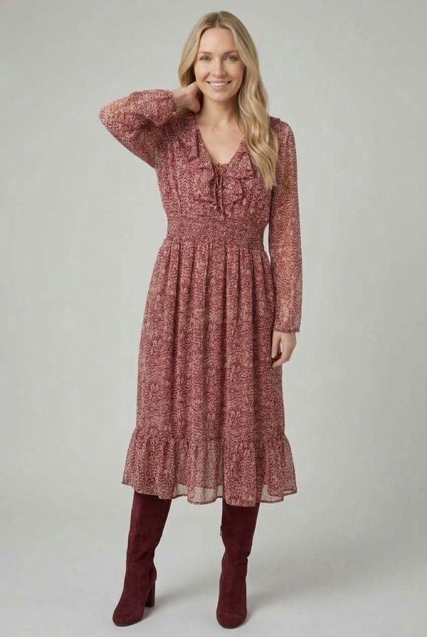 Izabel London Printed Ruffled Long Sleeve Midi Dress