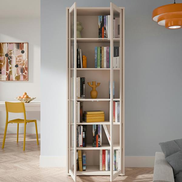 Furniture To Go Alice Springs Slim Tall Display Cabinet with 2 Glass Doors Push-to-Open & 5 Shelves in Sand