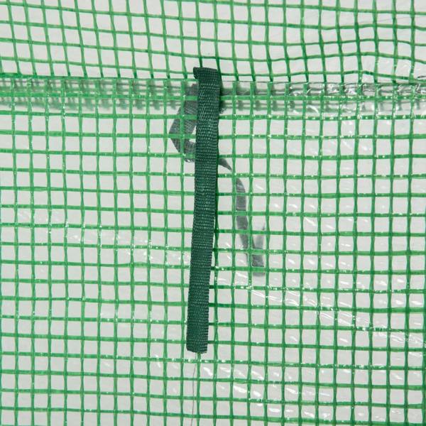 Green PE greenhouse cover tie strap loop on grid mesh panel