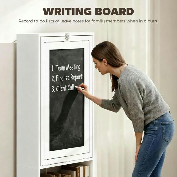 White chalkboard writing panel on a fold-out work desk for notes and lists