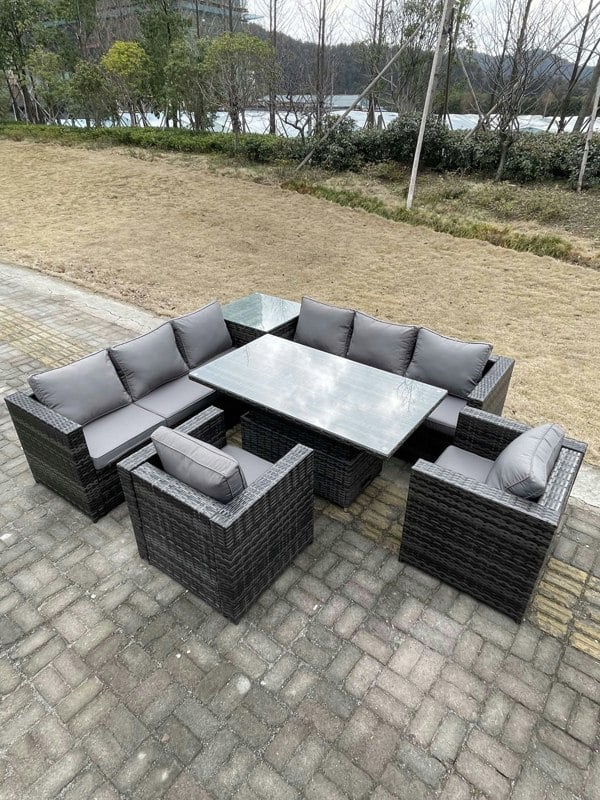 Fimous 8 Seater PE Rattan Corner Sofa Set Rising Adjustable Dining Table Set High Side Coffee Table With 2 Arm Chairs