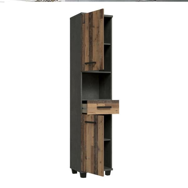 Furniture To Go Veris Tall Narrow Bathroom Cupboard with 2 Doors & 1 Drawer in Walnut and Dark Grey