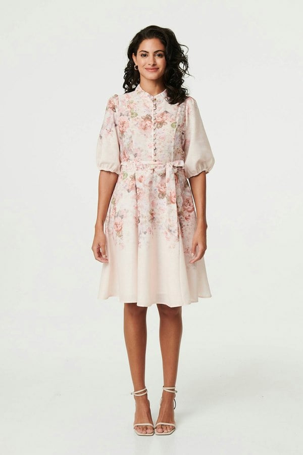 Cream | Floral 3/4 Puff Sleeve Knee Length Dress
