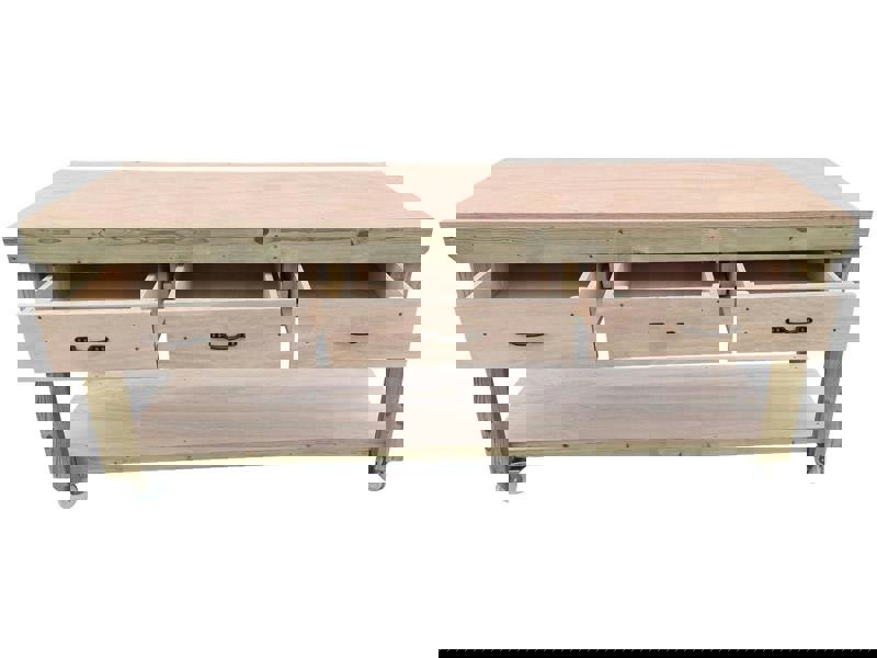 Wooden eucalyptus Top Workbench – Mobile Tool Cabinet with Drawers and Wheels, Ideal for Dry Indoor Spaces Such as Garages, Workshops, and Studios.