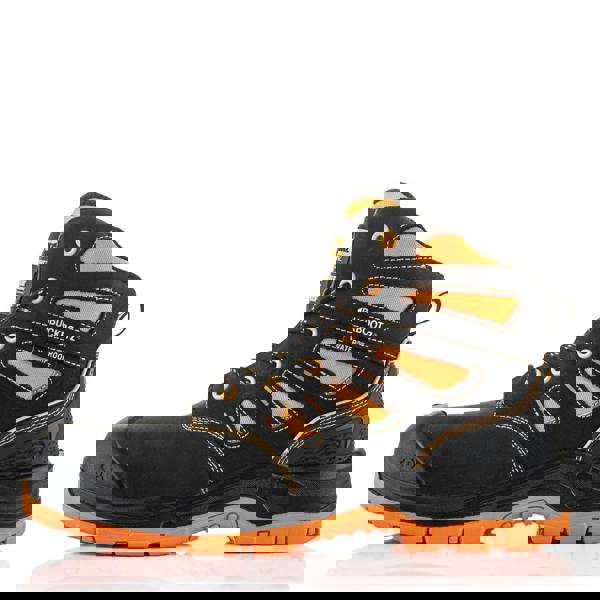 Buckbootz BVIZ2 Mens Lace Up S7S Composite Safety Ankle Boots, black and orange safety work boots with waterproof design and reinforced toe for protection.